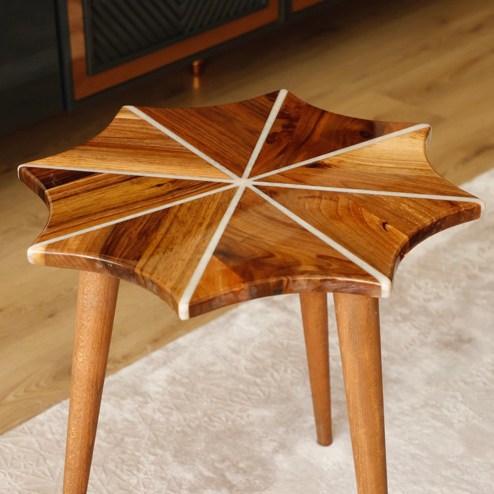 Wooden Side Table with Snowflake Epoxy Design and Tapered Legs