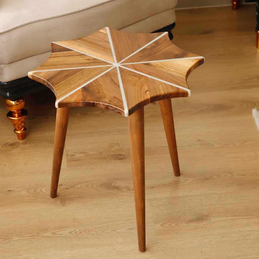 Wooden Side Table with Snowflake Epoxy Design and Tapered Legs