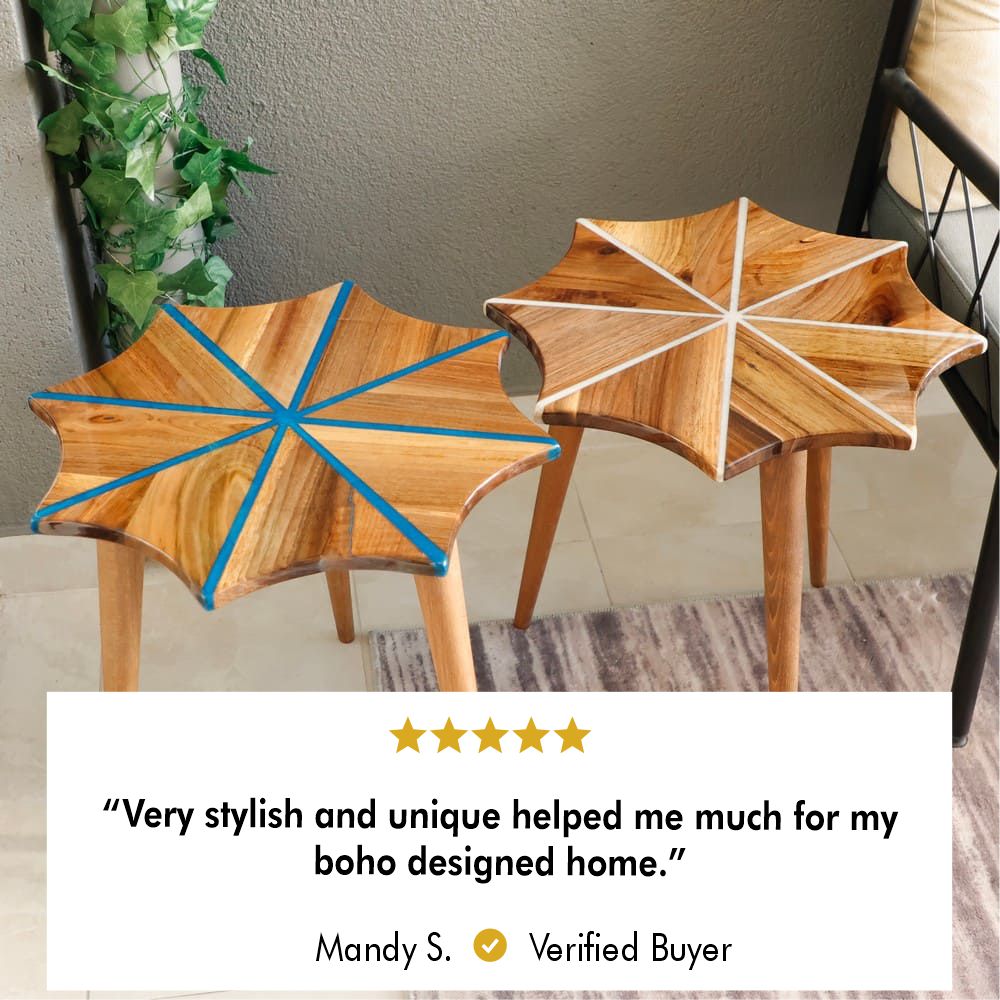 Wooden Side Table with Snowflake Epoxy Design and Tapered Legs